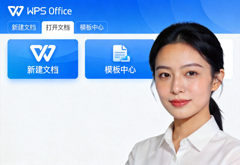 WPS Office 首次运行主界面截图，显示新建文档、打开文档和模板中心