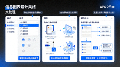 WPS Office文字处理高级功能展示，如样式、目录和邮件合并