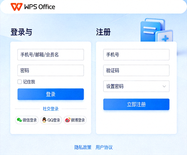WPS Office 账户登录与注册界面截图