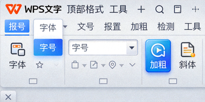 WPS 文字顶部格式工具栏特写截图，显示字体、字号、加粗、斜体等按钮